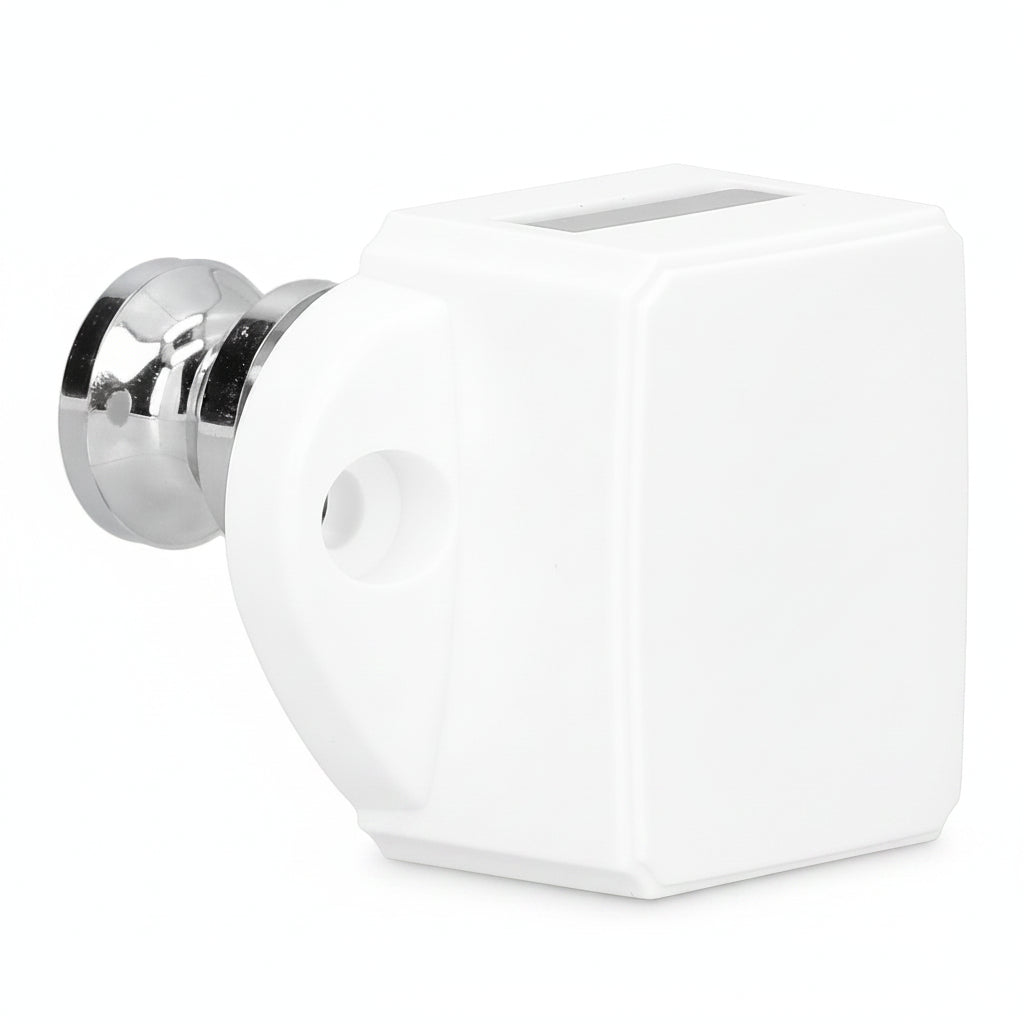 Side profile of white push button latch housing for campervan cabinet installation