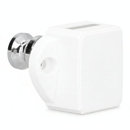 Side profile of white push button latch housing for campervan cabinet installation