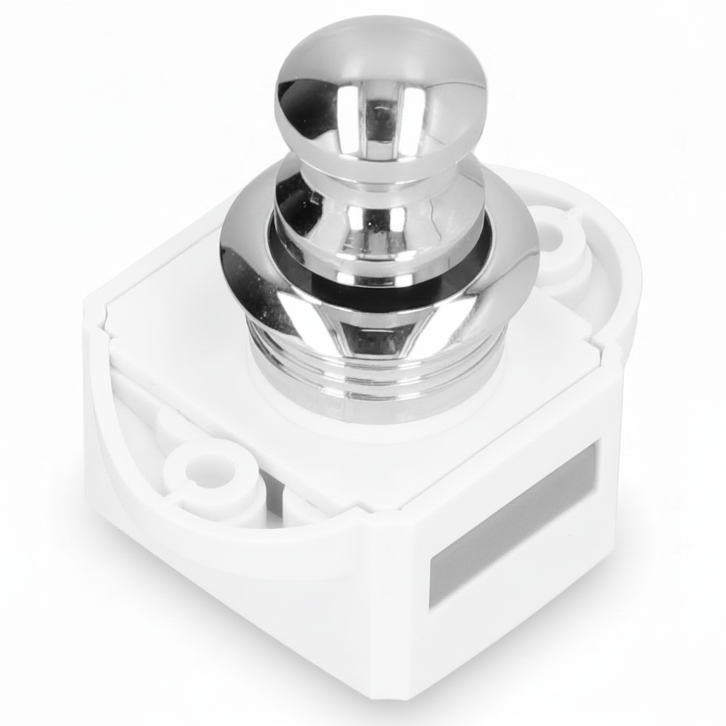 Mini push chrome button latch with white base for campervan cupboard and drawer doors