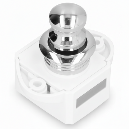 Mini push chrome button latch with white base for campervan cupboard and drawer doors