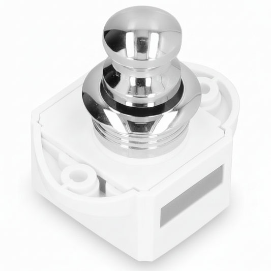 Mini push chrome button latch with white base for campervan cupboard and drawer doors