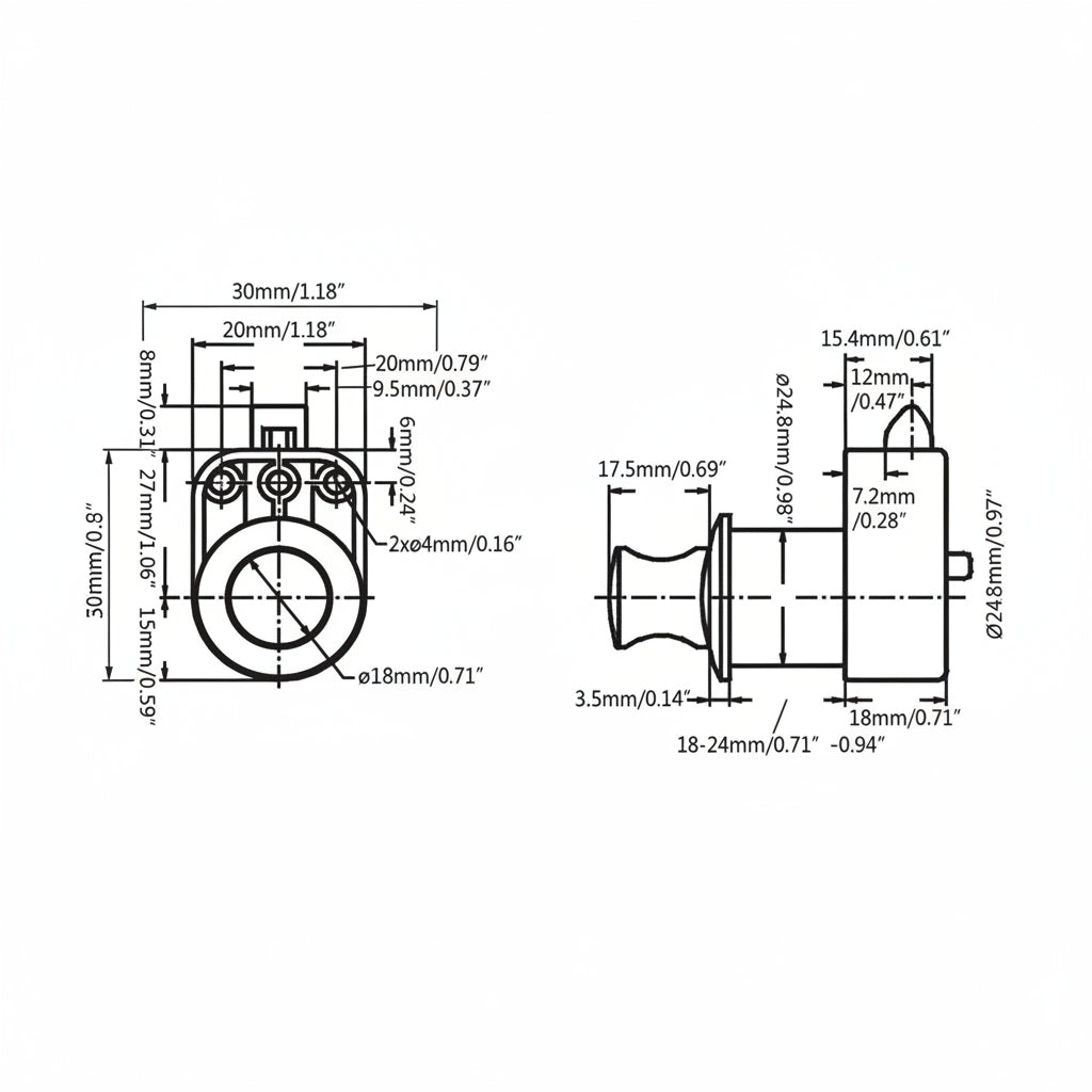 Mini push button latch dimensions and installation diagram