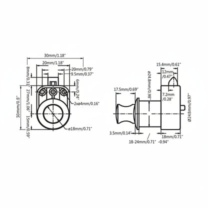 Mini push button latch dimensions and installation diagram
