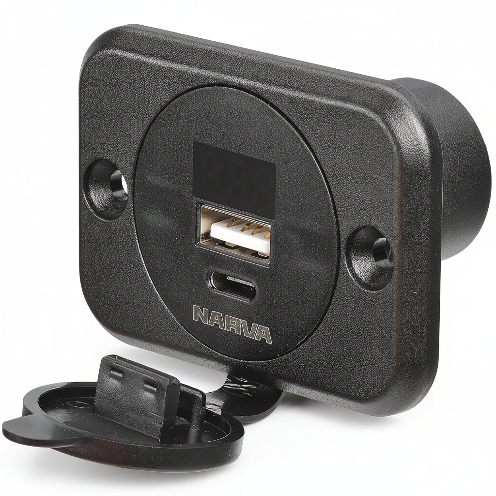 Narva heavy-duty USB and USB-C charging socket with built-in volt and amp meter for campervans, caravans, boats and 12V systems