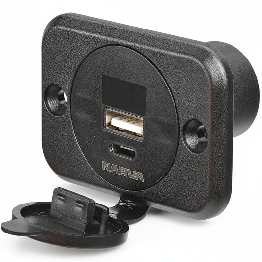 Narva heavy-duty USB and USB-C charging socket with built-in volt and amp meter for campervans, caravans, boats and 12V systems