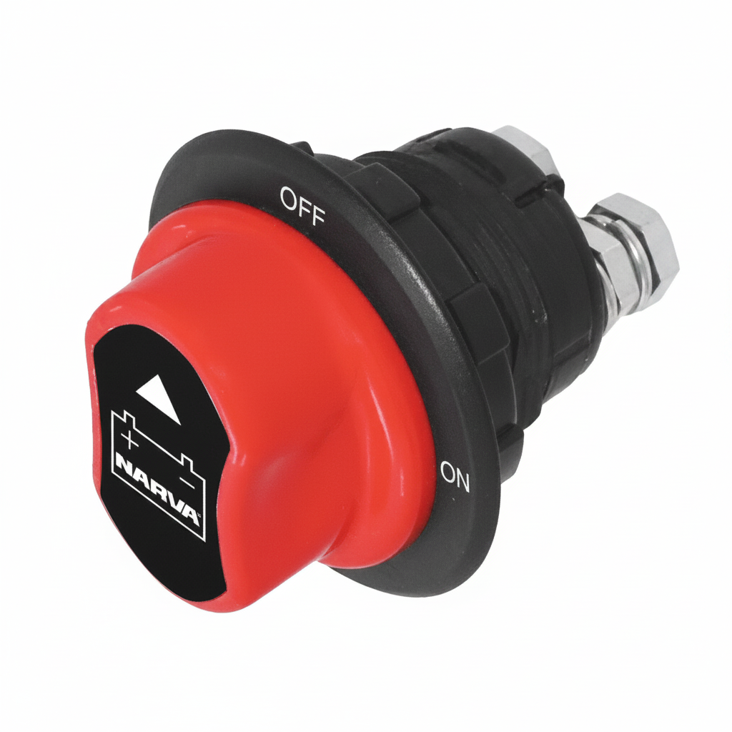 Narva rotary battery master switch with removable red key for campervan, marine, and vehicle battery isolation.