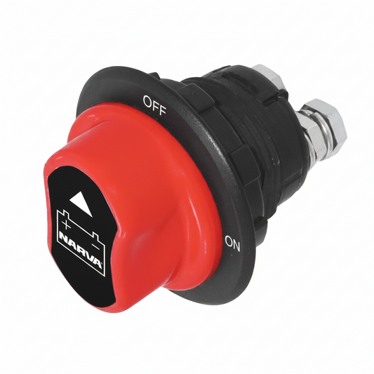 Narva rotary battery master switch with removable red key for campervan, marine, and vehicle battery isolation.
