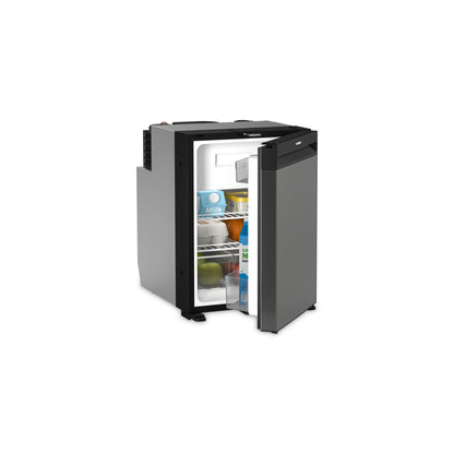 Dometic NRX 50C fridge/freezer with open door showcasing food and drinks inside, perfect for campervans.
