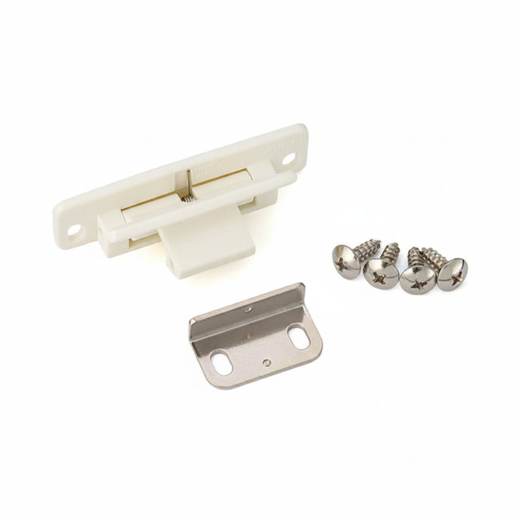 Overhead locking cabinet latch for campervan cupboards featuring white stealth catch, metal strike plate, and mounting screws for secure RV and caravan cabinet doors.