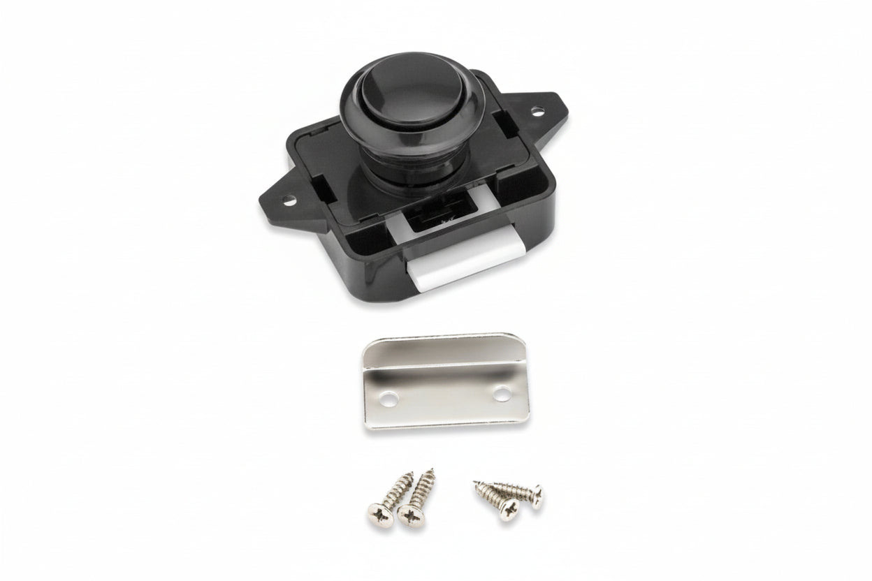 Black push button cabinet lock for campervan conversion