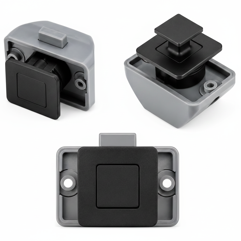 Front and rear view of a grey and black push button door latch for campervan and caravan cabinetry