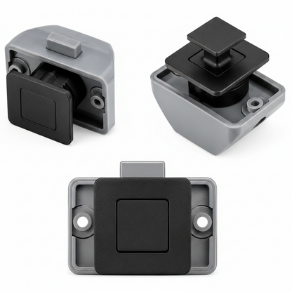 Front and rear view of a grey and black push button door latch for campervan and caravan cabinetry