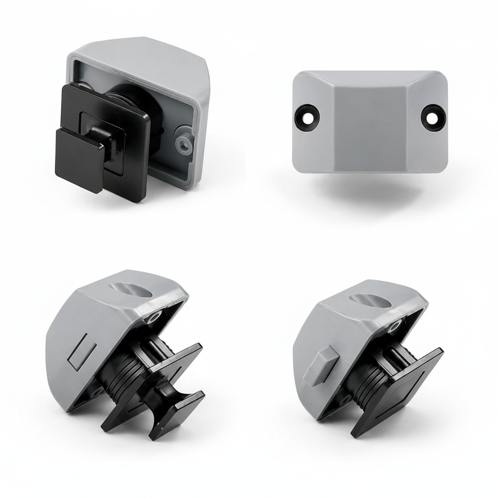 Components of a grey and black push button latch including lock body, striker plate, and mounting accessories