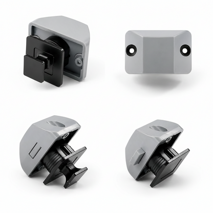 Components of a grey and black push button latch including lock body, striker plate, and mounting accessories