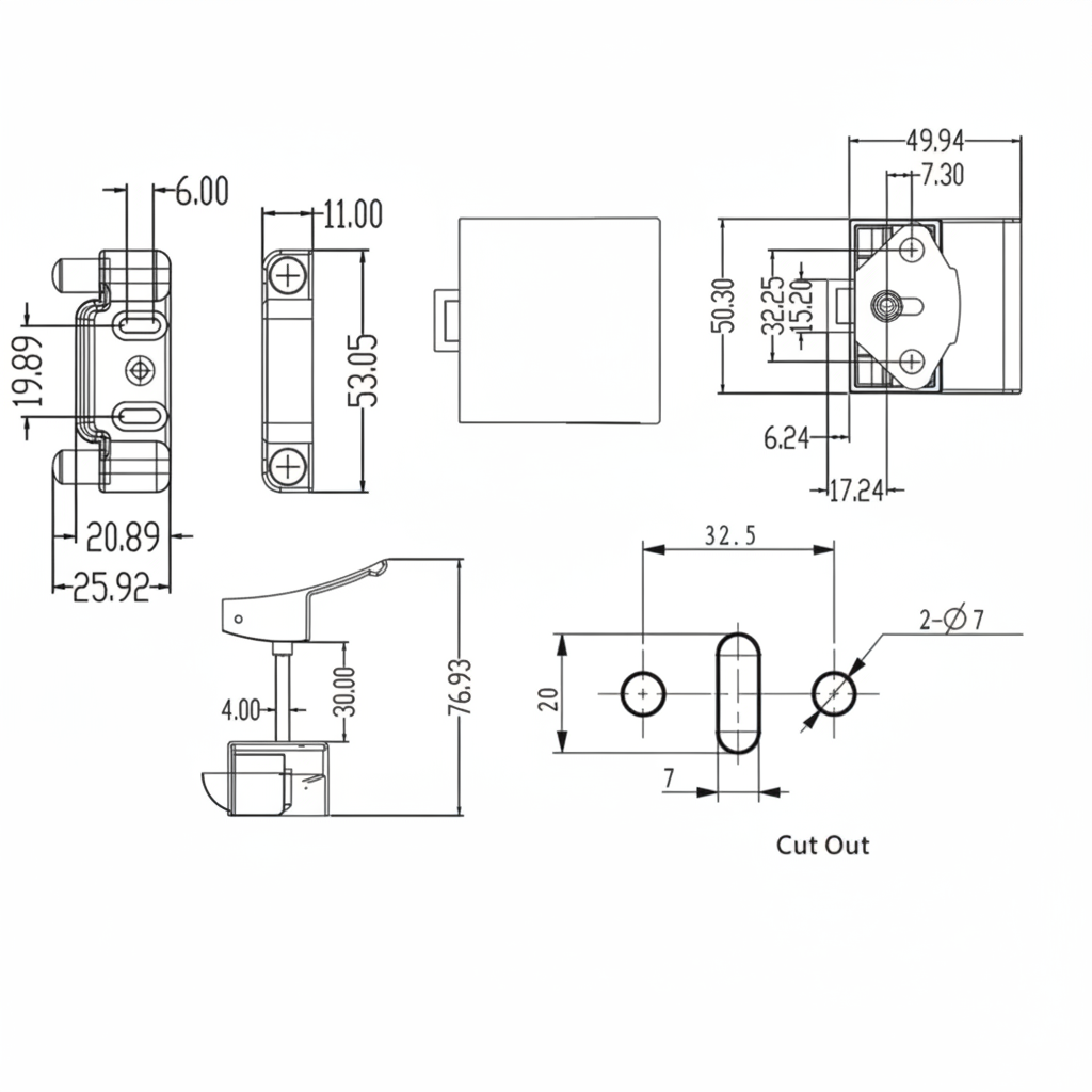 Technical dimensions diagram for silver push-pull cabinet latch
