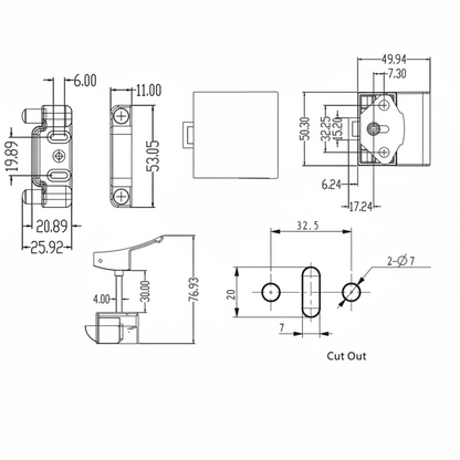 Technical dimensions diagram for silver push-pull cabinet latch