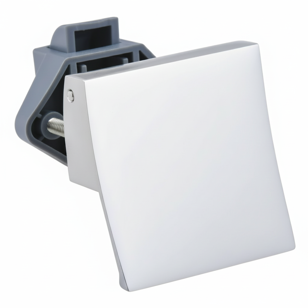 Silver push-pull cabinet latch in open position for campervan cabinetry