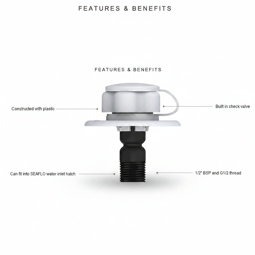 Dimensions and measurements of Seaflo plastic water inlet