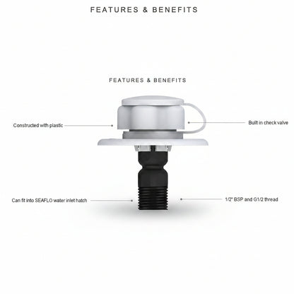 Dimensions and measurements of Seaflo plastic water inlet