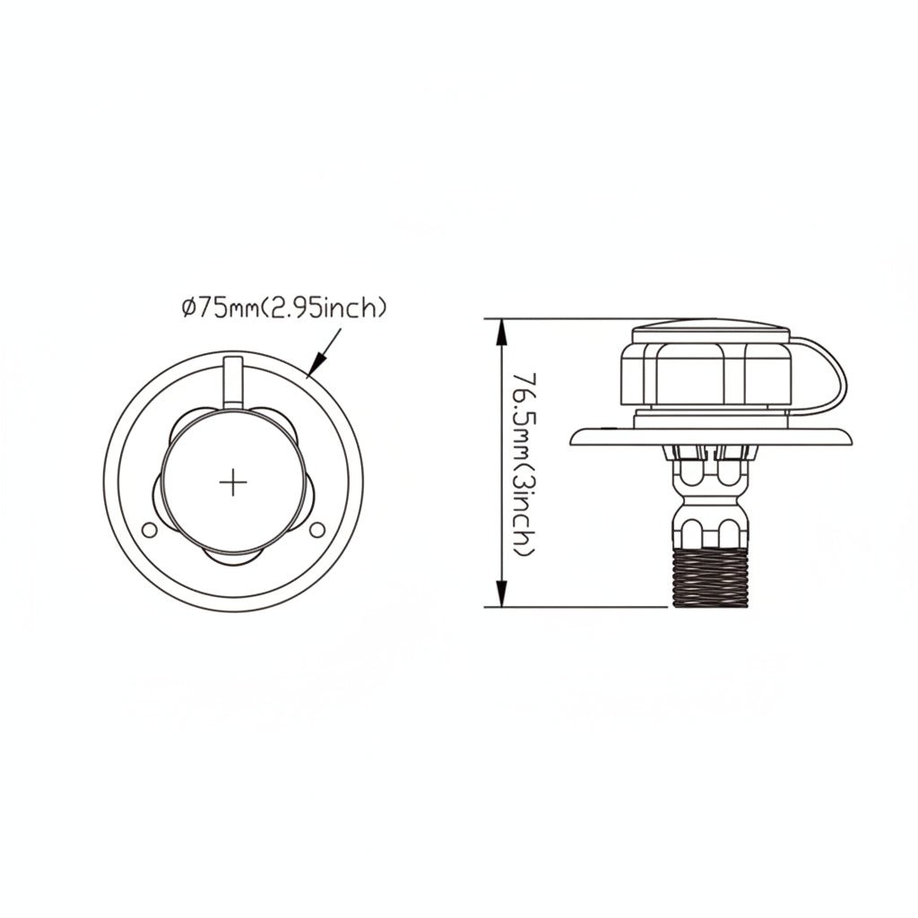 Technical specification drawing of Seaflo water inlet fitting
