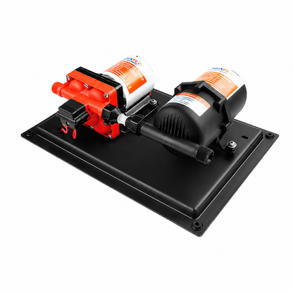 Seaflo 11.3LPM 12V water pressure system with diaphragm pump and accumulator tank mounted on base plate