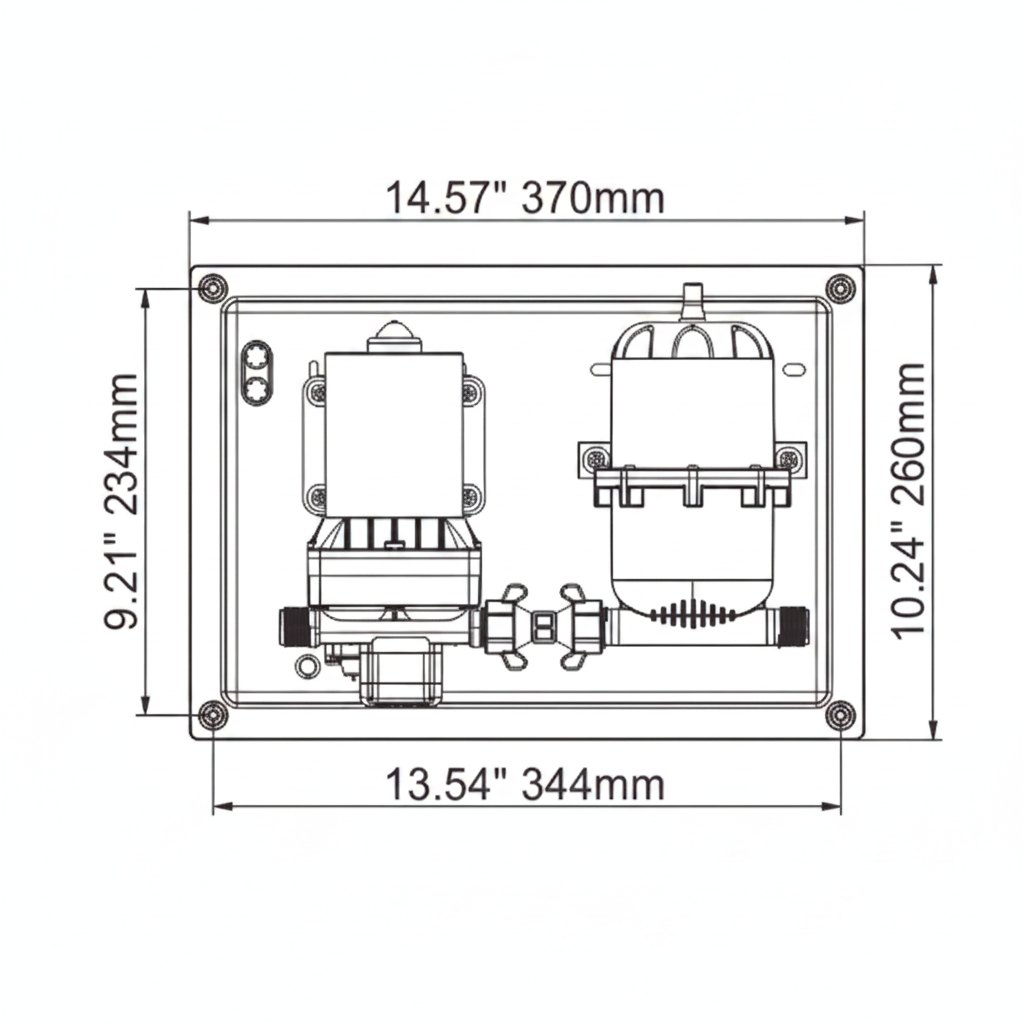 Technical dimensions diagram for Seaflo 42 Series water pressure system