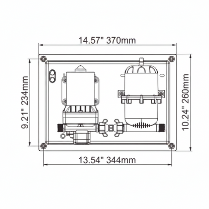 Technical dimensions diagram for Seaflo 42 Series water pressure system