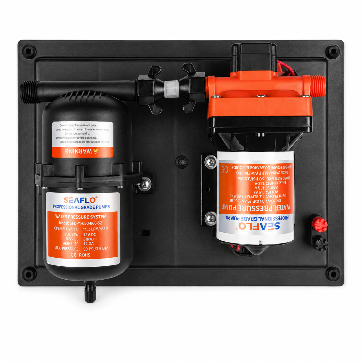 Front view of Seaflo water pressure system showing pump, accumulator tank, and mounting board
