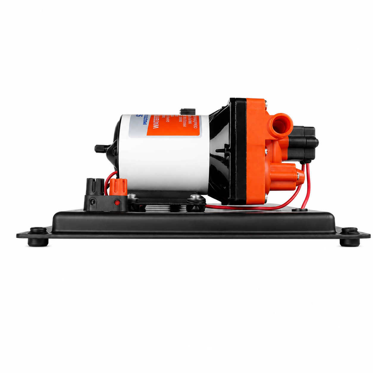 Side view of Seaflo 12V water pressure system with integrated accumulator tank and diaphragm pump