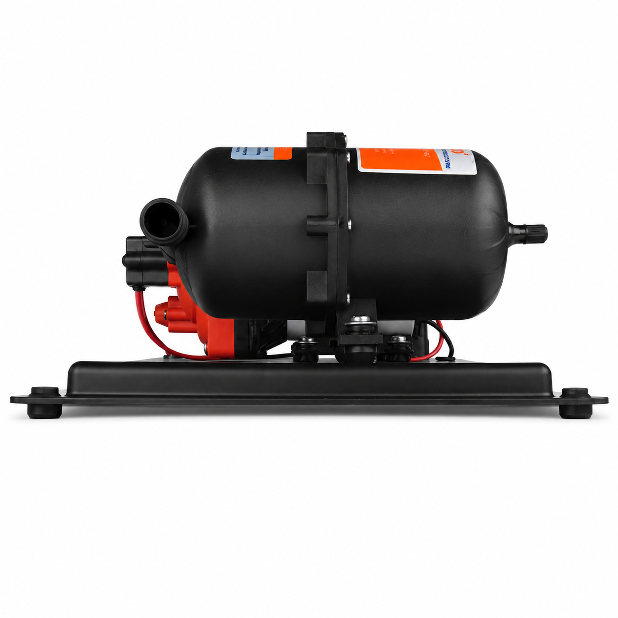 Side view of Seaflo 12V water pressure system with integrated accumulator tank and diaphragm pump