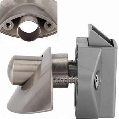 Half-moon stainless steel push latch knob for campervan drawers, cupboards and cabinet doors side view angle