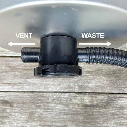 Side view of campervan sink waste trap with vent outlet