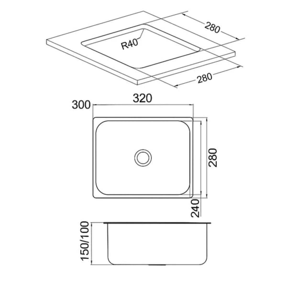 Technical drawing of a rectangular sink with dimensions