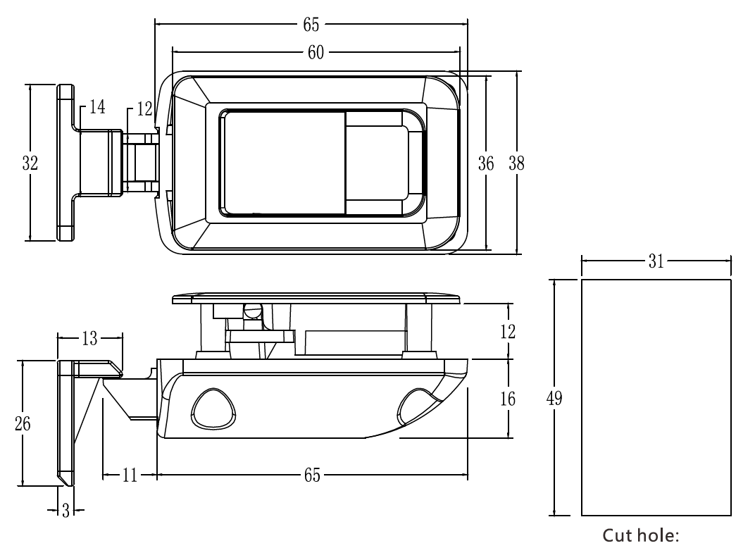 Installation and cut-out dimensions for chrome snap lock folding handle latch.