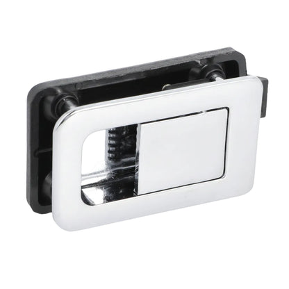 Front angled view of chrome folding handle snap lock cabinet latch.