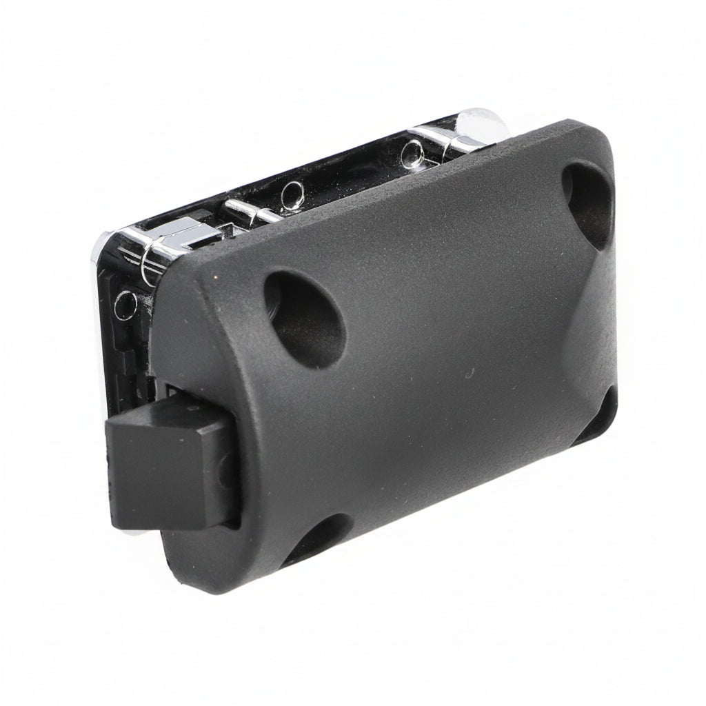Rear view of snap lock cabinet latch showing mounting and locking components.