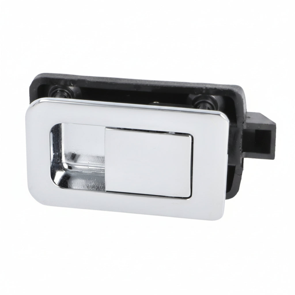 Side angle view of chrome snap lock latch showing locking mechanism.