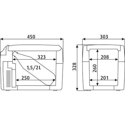 Dimensions diagram of Dometic TCX 14 portable fridge, showing size specifications for compact storage and fit.