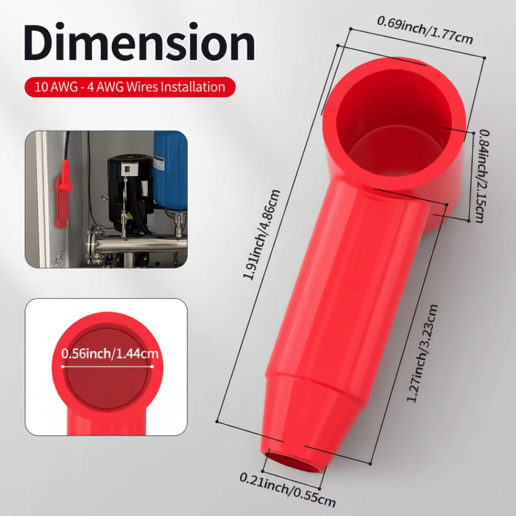 Dimension diagram of an insulated silicone terminal protector cover for 10 AWG to 4 AWG wire, showing measurements, installation compatibility, and battery terminal protection design.