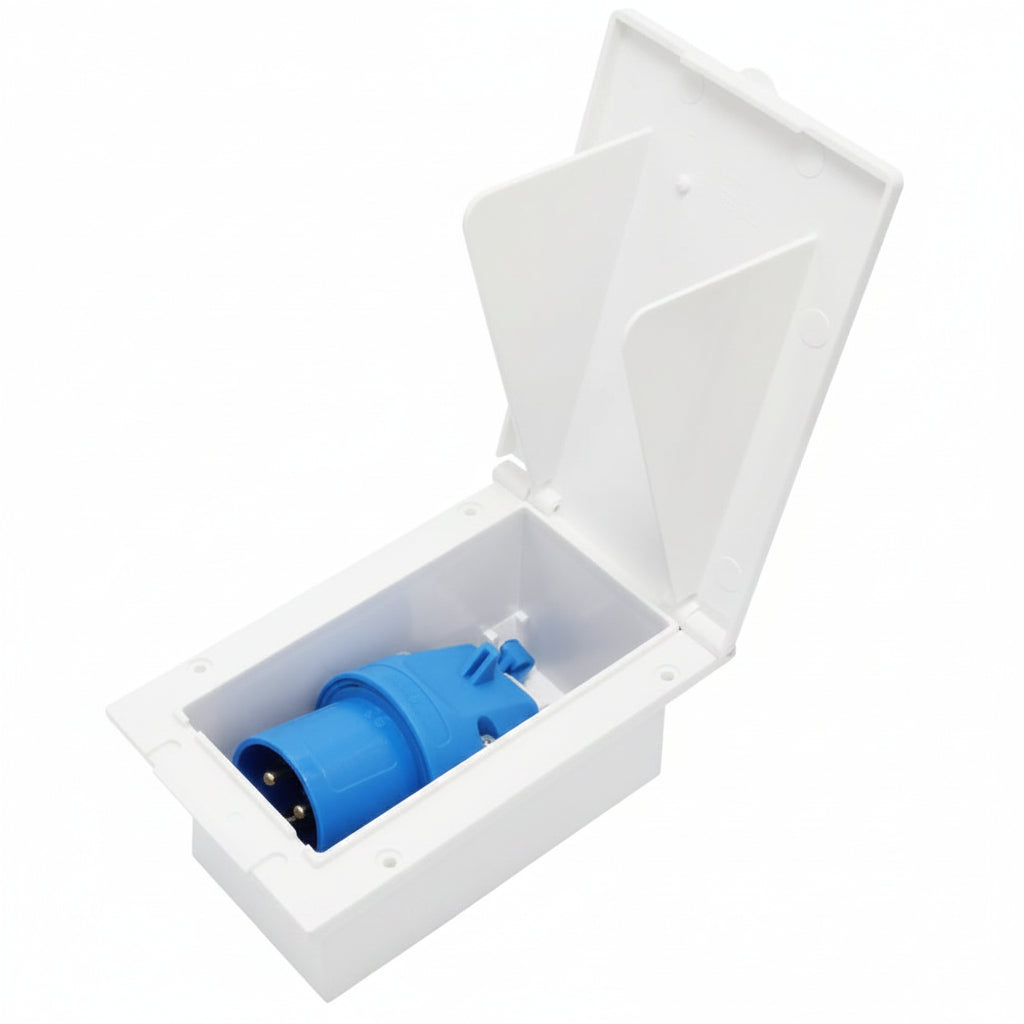 White electrical box with a blue plug inside on a white background