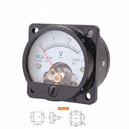 Dimension and mounting diagram for Vanlifer analog voltmeter showing 47mm face size, 30mm depth, and panel cut-out measurements