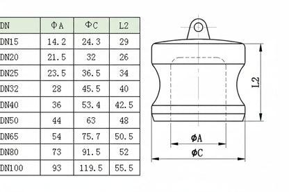 Technical dimensions diagram for Vanlifer DN25 25mm Camlock Type DP nylon dust plug showing internal diameter 23.5mm external diameter 36.5mm and height 34mm.