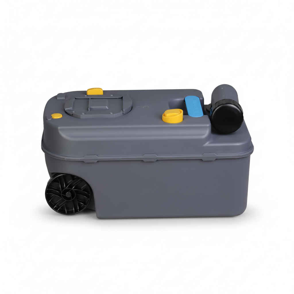 Gray plastic tank with wheels and various colored handles on a white background