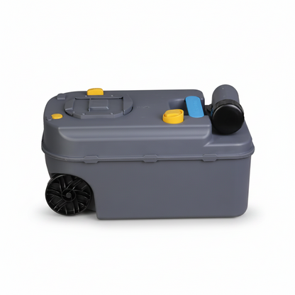 Gray plastic tank with wheels and various colored handles on a white background