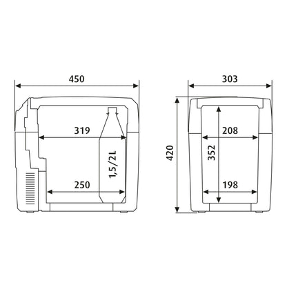 Technical drawing of Dometic TCX 21 Portable Fridge showing dimensions and design features.
