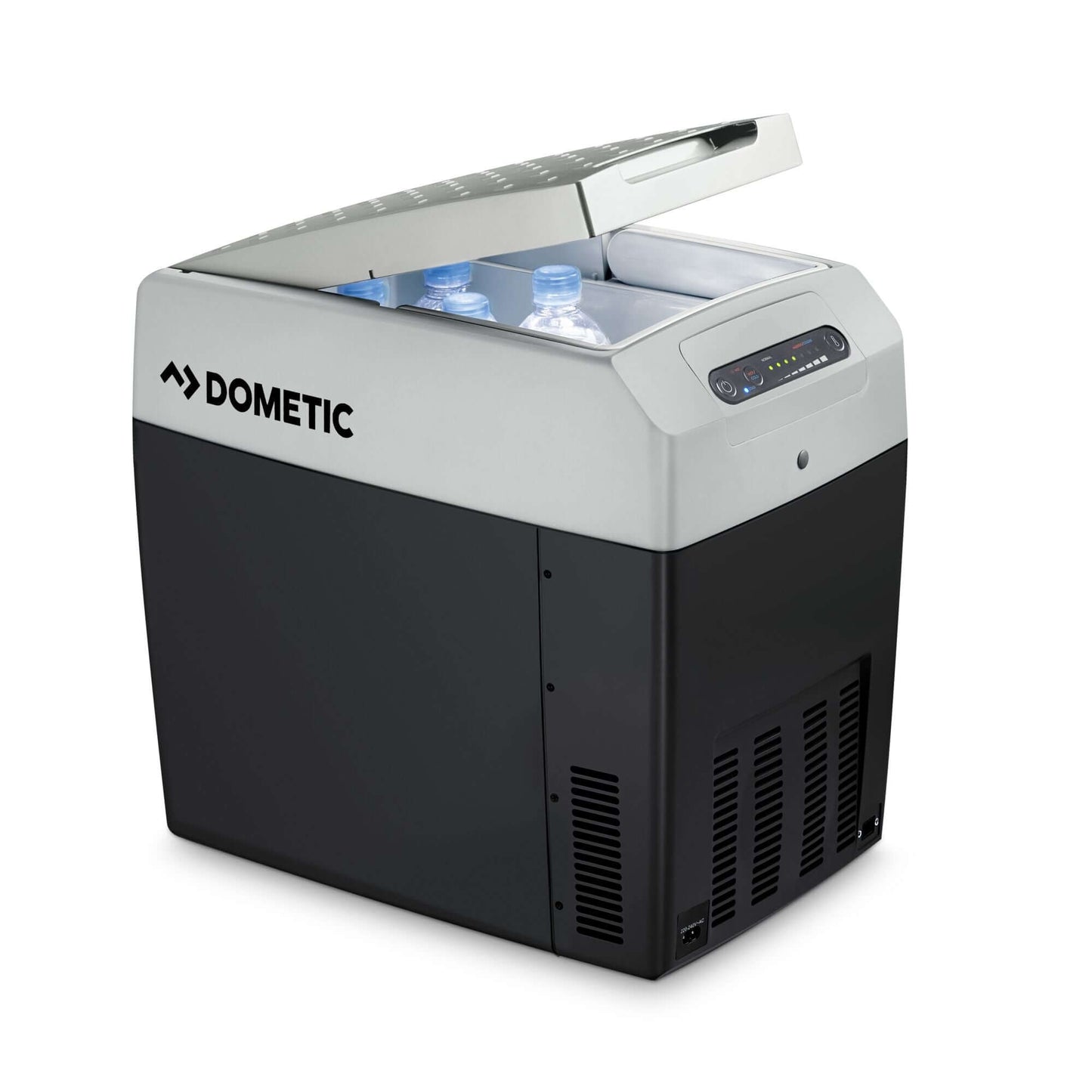 Dometic TCX 21 portable fridge with lid open, showcasing cool water bottles inside, ideal for camping and off-grid adventures.