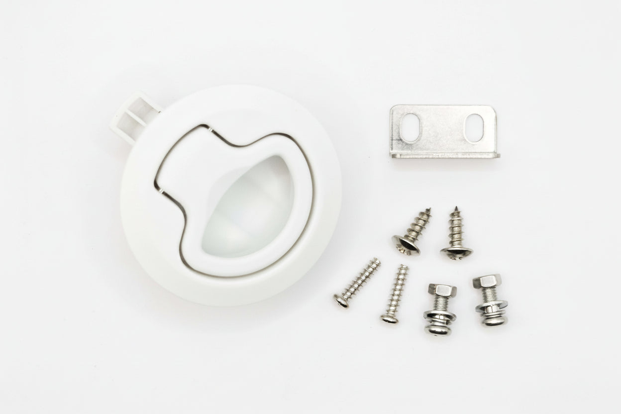 Vanlifer white flush slam pull latch with mounting hardware for campervan and caravan doors.