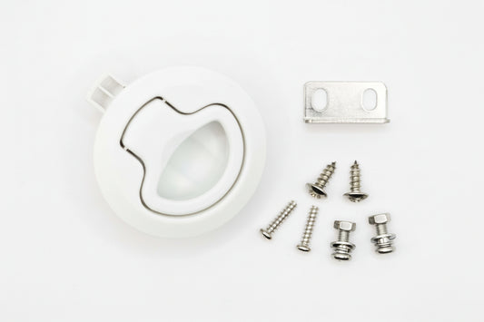 Vanlifer white flush slam pull latch with mounting hardware for campervan and caravan doors.