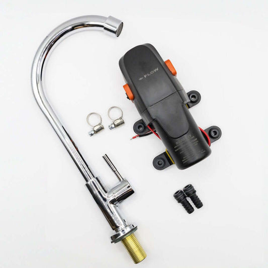 Powered Faucet Kit components including electric pump, faucet spout, and installation hardware for efficient water flow.