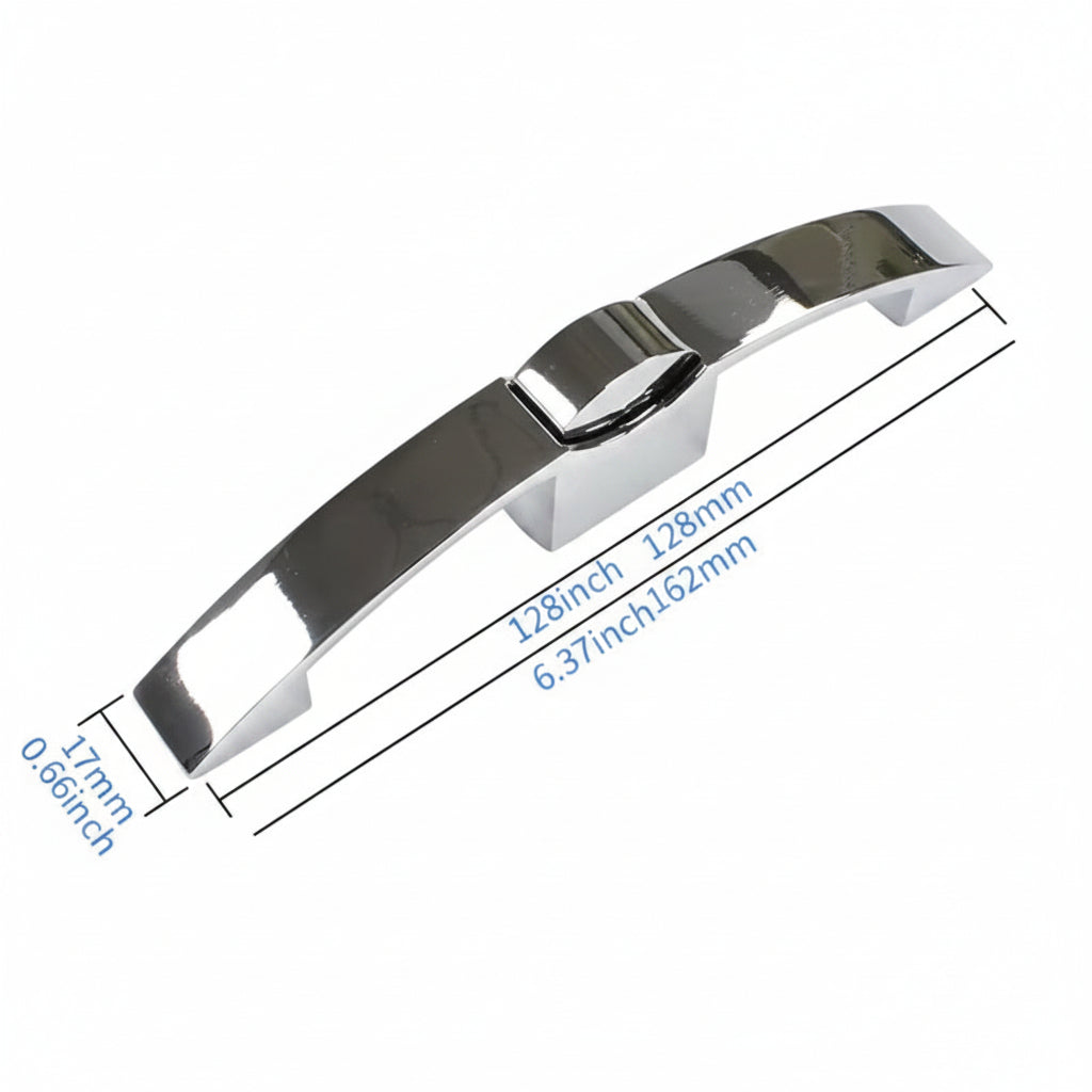 Chrome cabinet handle with dimensions on a white background